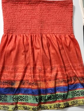 Boho Strapless Smocked Top in Coral with Multicolor Border